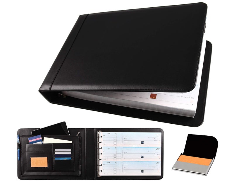 2Fold Business Check Binder 7 Ring for 3-Up Business Size Checks with Extra Business Card Case - PU Leather Deluxe 7 Ring Checkbook Binder Portfolio with 600 Check Capacity and Storage - Image 1